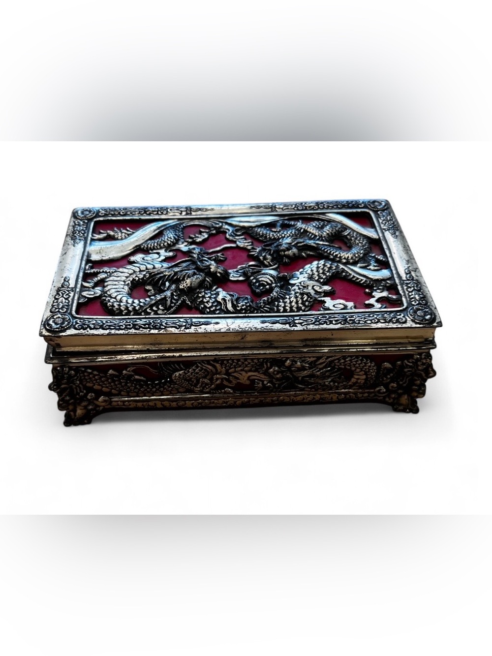 Vintage Made in Japan Dragon Trinket Box | Red Enamel Silver Repousse | Footed
